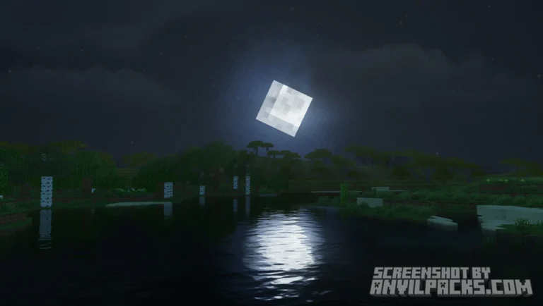 Night time scene with square moon reflecting on the water surface in a savanna biome.
