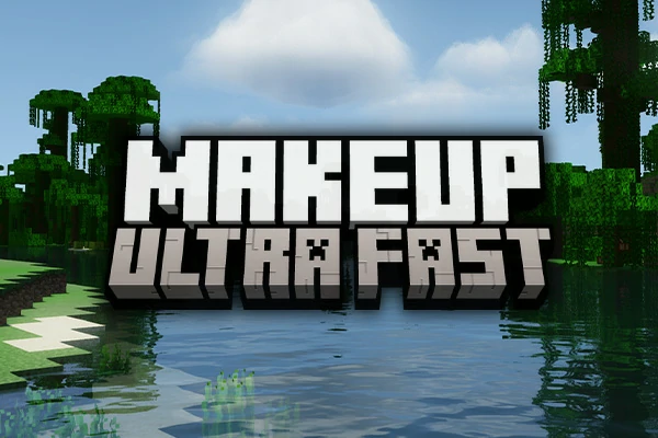 Title screen displaying Makeup Ultra Fast logo over a swamp biome with water reflections and soft clouds.