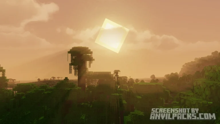 Strong orange volumetric fog and sun glare silhouetting trees in a forest biome.