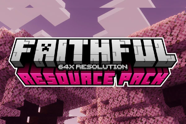 Faithful 64x Resource Pack logo with cherry blossom biome in the background in Minecraft