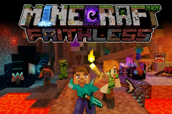 Faithless resource pack logo with Minecraft characters exploring a nether lava cave scene
