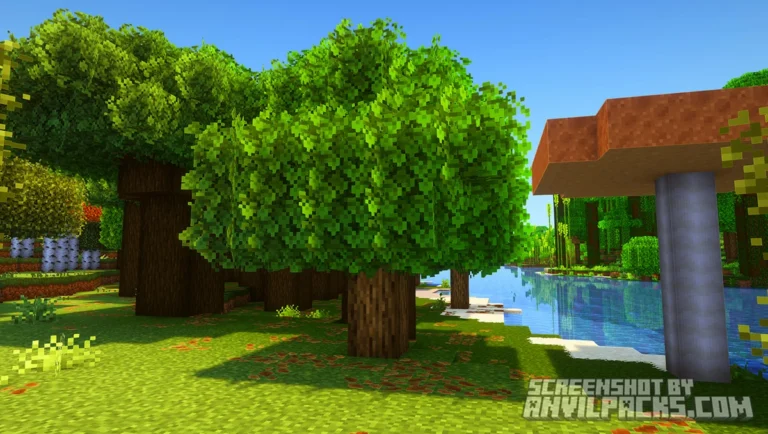 Oak trees displaying bushy leaf textures and increased volume near a river bank in Stay True.