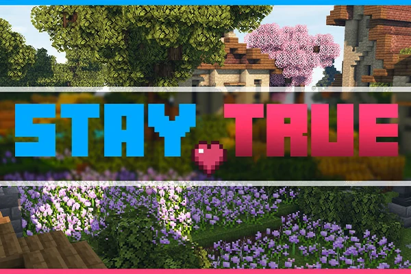 Title screen and gameplay collage of Stay True featuring pixel-art logo, village houses, and pink cherry blossom trees.