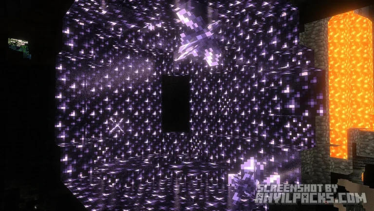 Interior of an amethyst geode with glowing crystals and reflective wet-looking floor textures.