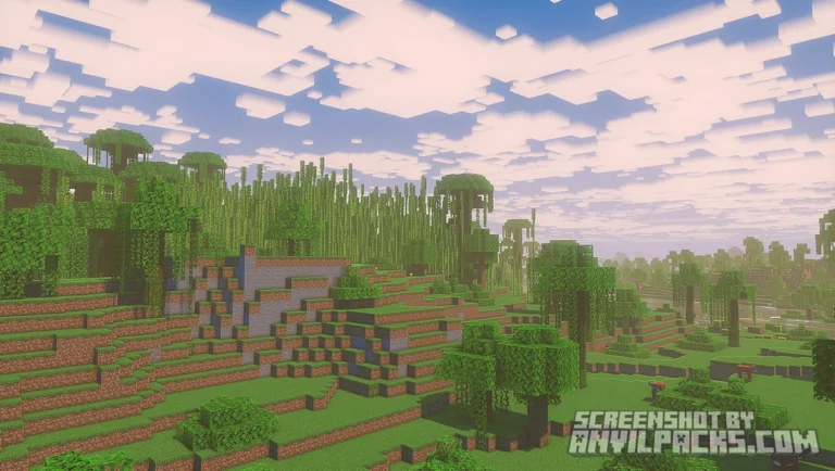 Bamboo jungle biome in daylight featuring stylized layered clouds and soft environmental lighting.