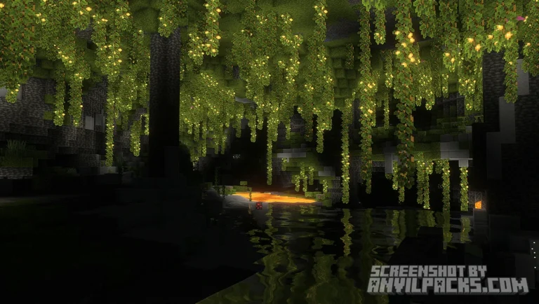 Lush cave biome illuminated by hanging glow berries with reflections on the underground water pool.