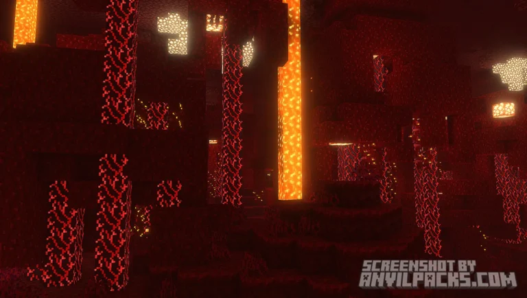 Nether dimension environment with glowing lava streams and shroomlights illuminating crimson blocks.