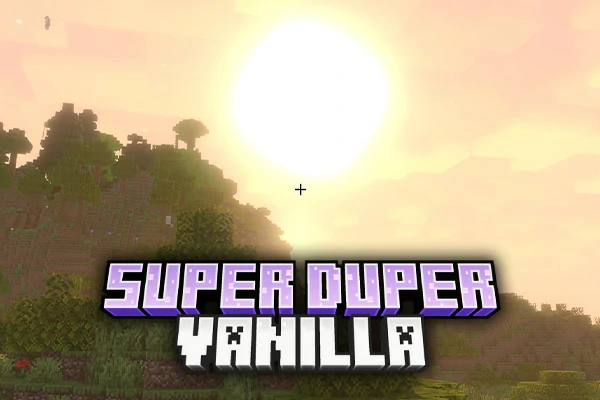 Title screen displaying Super Duper Vanilla Shaders logo against a bright sunset background with strong bloom.