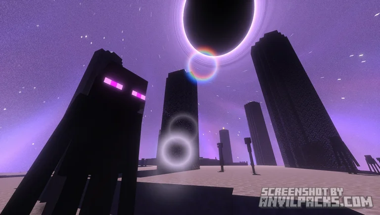 The End dimension featuring an Enderman and obsidian pillars under a purple sky with ringed lens flare effects.