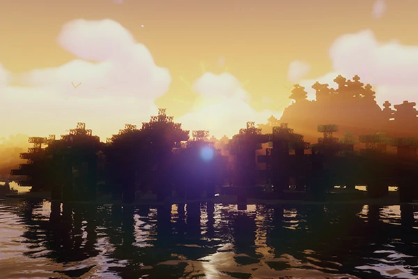 Dark oak forest silhouetted against a golden sunset with lens flare and water reflection in AstraLex Shaders