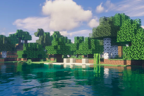 FastPBR Shader featured image showing birch forest shoreline with reflective water in Minecraft