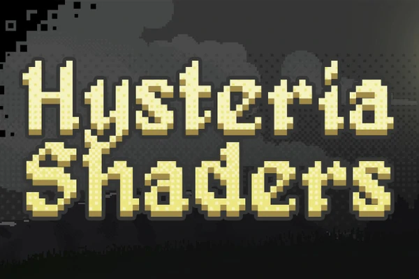 Hysteria Shaders logo in pixel font style on a dark cloudy Minecraft background