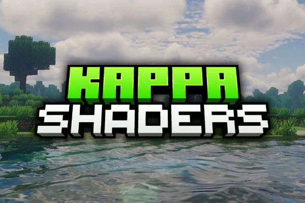Kappa Shaders logo over a Minecraft beach and ocean scene with volumetric clouds