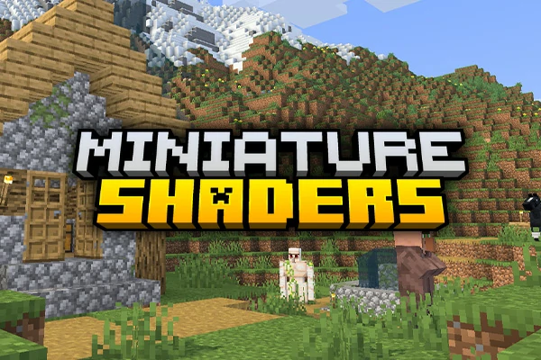 Miniature Shaders logo over a Minecraft village house scene with iron golem and mountains