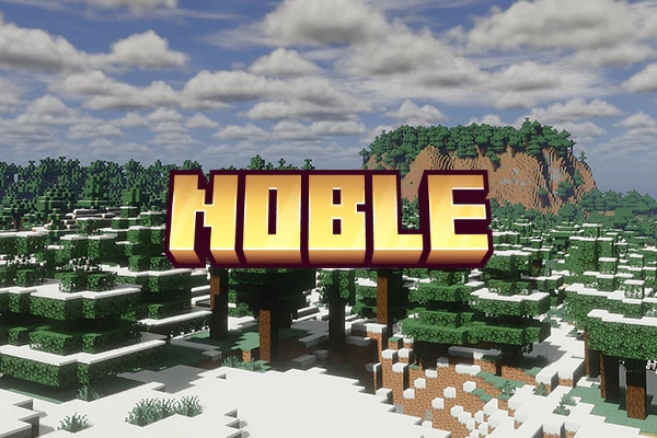 Noble Shaders logo over a snowy biome with spruce trees and cloudy sky in Minecraft