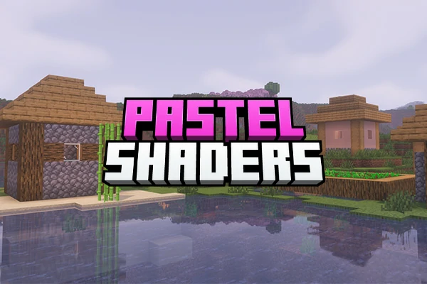 Pastel Shaders logo over a Minecraft village and lake scene with cherry blossom hills